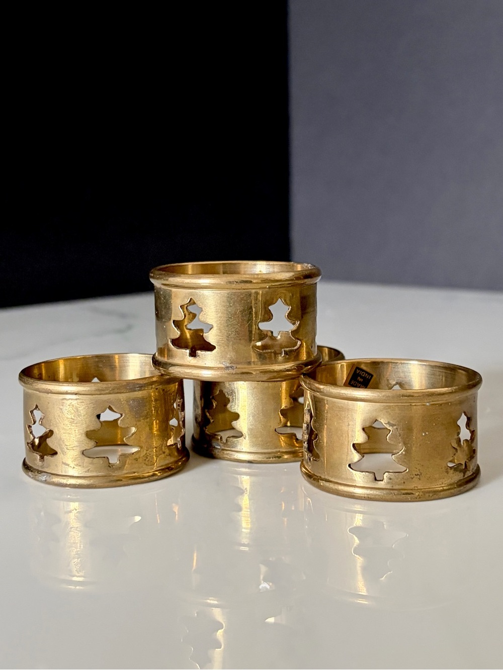 SET of 4 Brass Christmas Tree Cut Out Napkin Rings